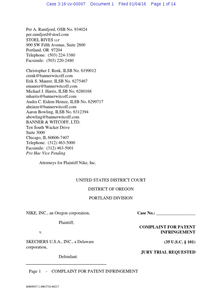 Nike v. Skechers - Complaint | PDF | Sports | Business