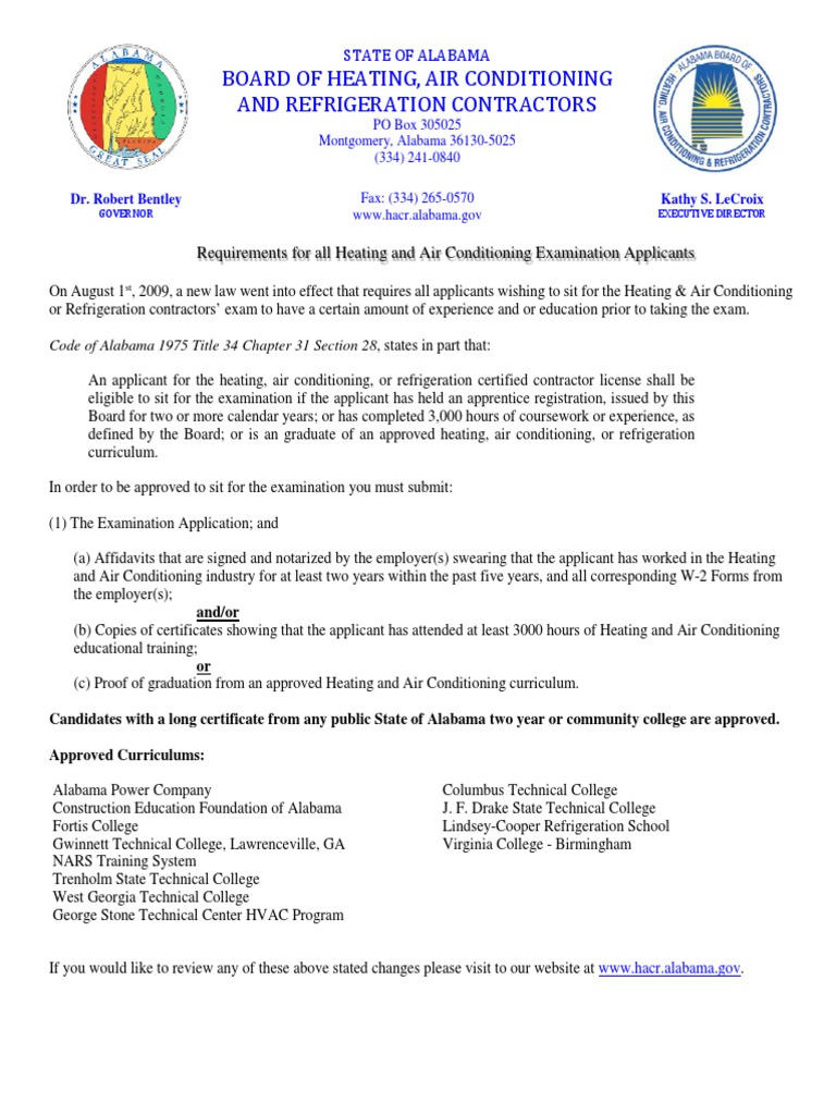 State Of Alabama Requirements For All Heating And Air Conditioning 