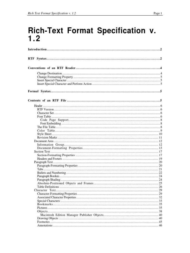 Rich Text Format Specification v. 1.2