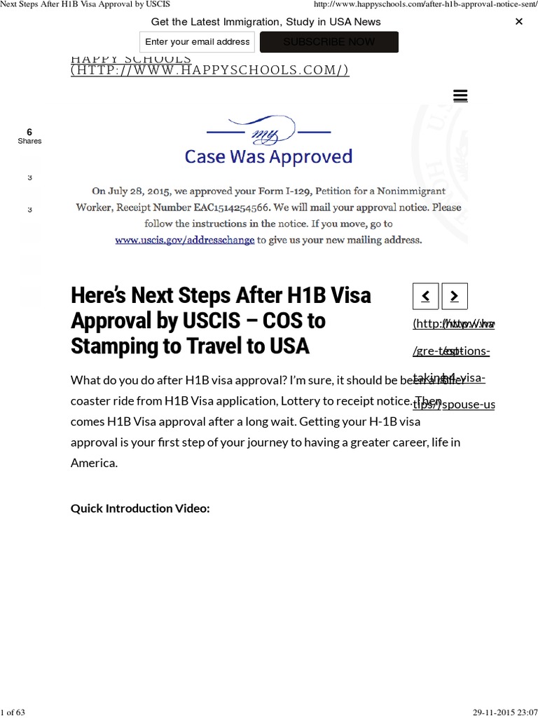 Next Steps After H1B Visa Approval by USCIS H 1 B Visa Travel Visa