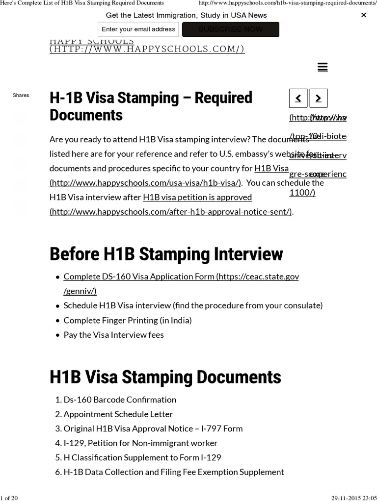 Here's Complete List of H1B Visa Stamping Required Documents PDF H 1 B Visa Travel Visa