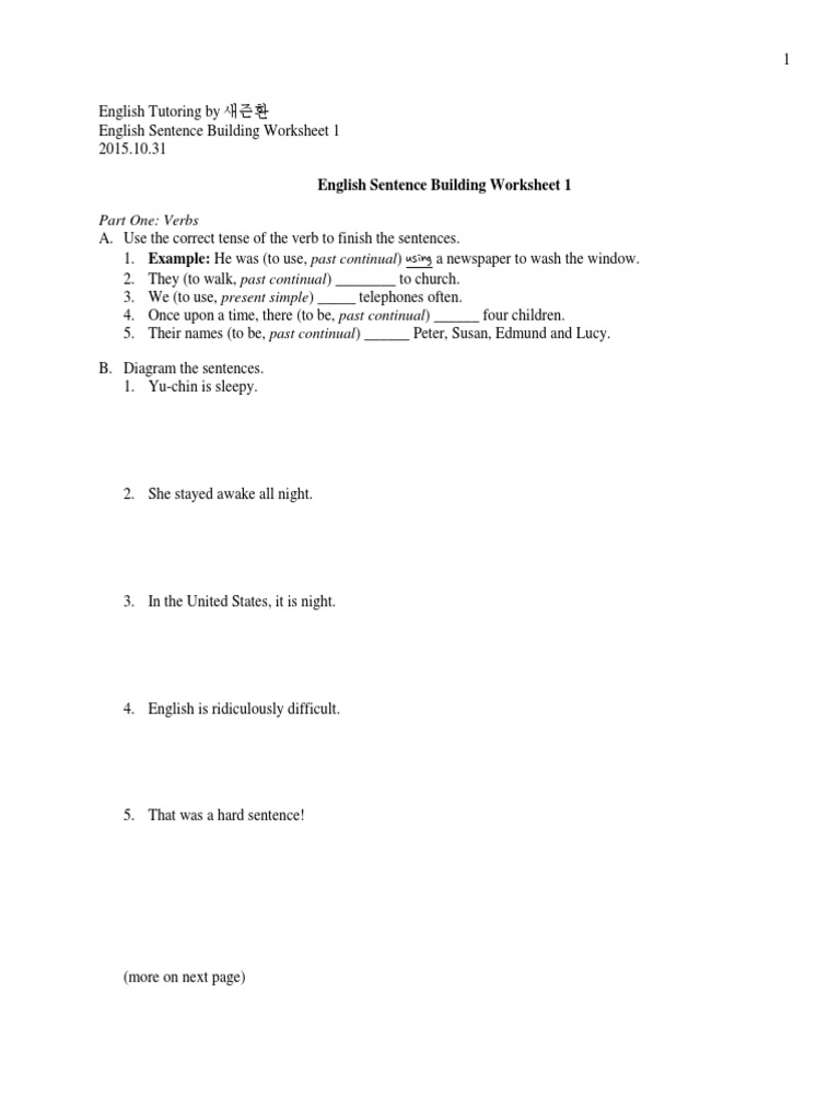 Part One: Verbs: English Sentence Building Worksheet 1 | PDF