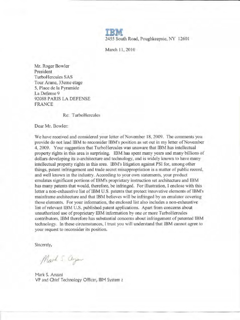 IBM Letter Dated 11 March 2010 To TurboHercules SAS Computer Data