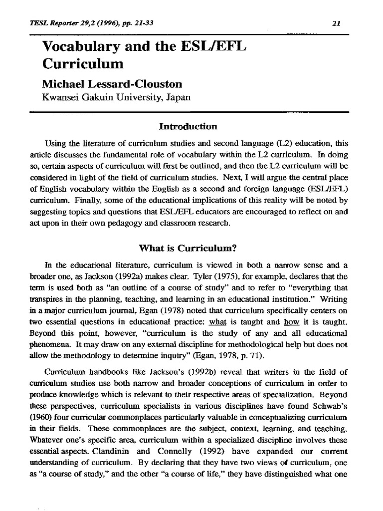 Vocabulary and The EFL Curriculum PDF | PDF | English As A Second Or ...