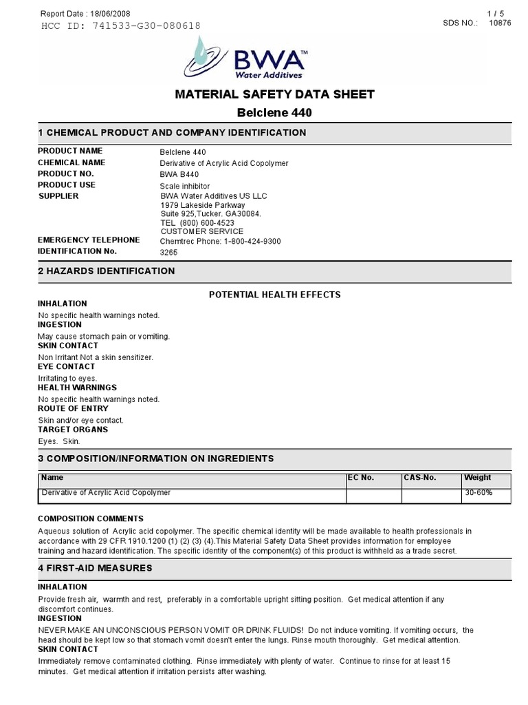 BELCLENE 440 MSDS | Carbon Dioxide | Personal Protective Equipment