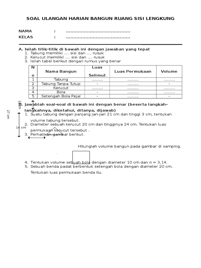 Soal Ulangan Harian Bangun Ruang Sisi Lengkung Pdf