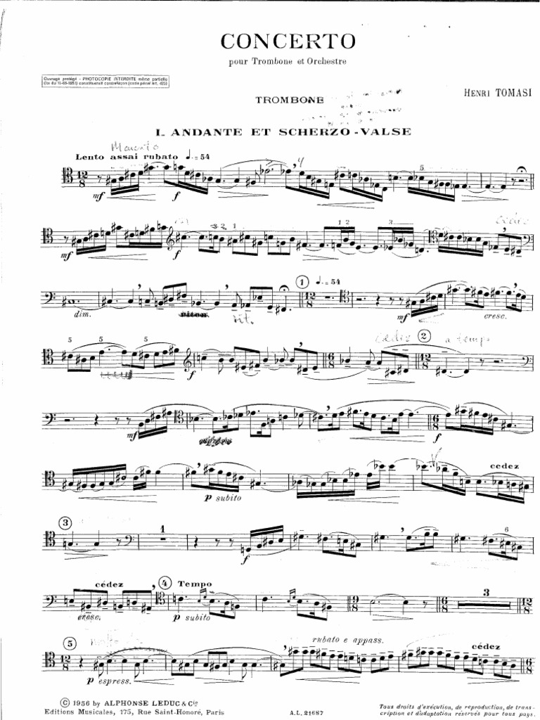 Tomasi Concerto Pour Trombone Et Orchestre Trombone Musique jazz
