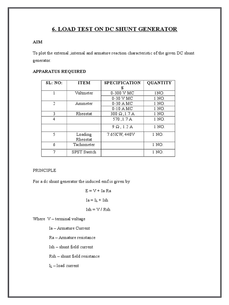 Load Test Procedure for DC Shunt Generator | PDF