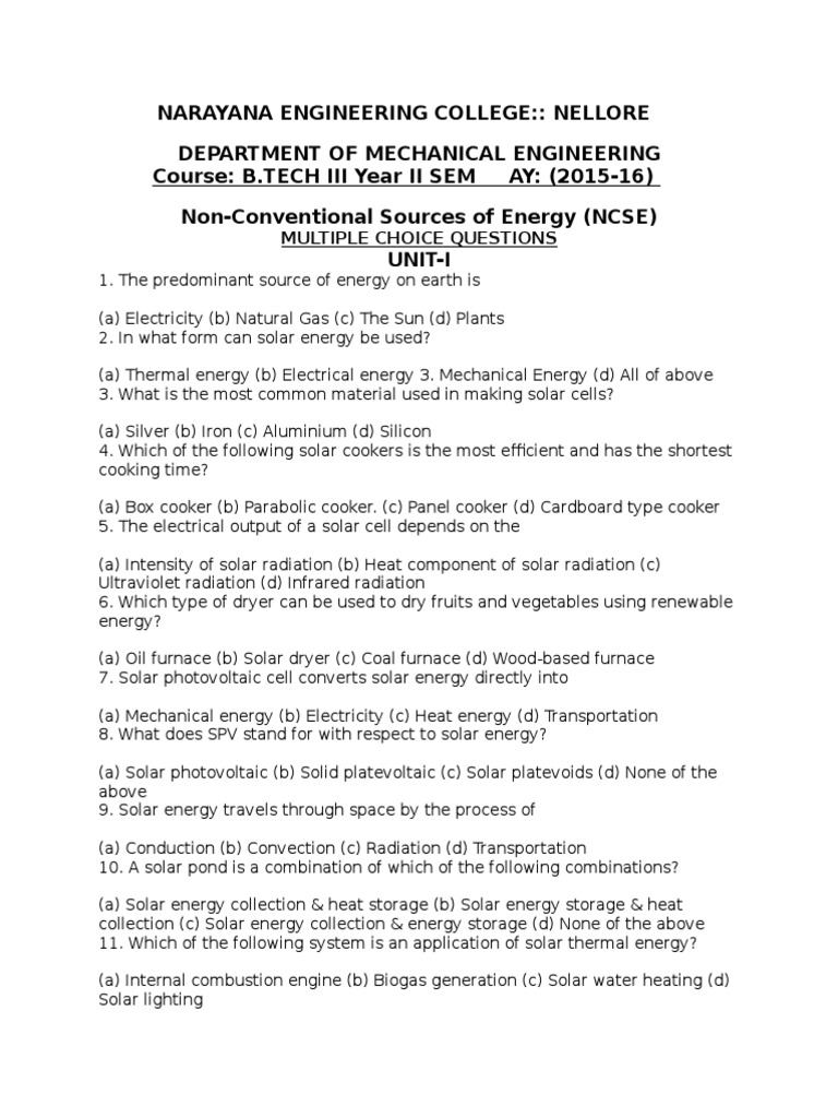 Ncse MCQ QB PDF Solar Energy Wind Power
