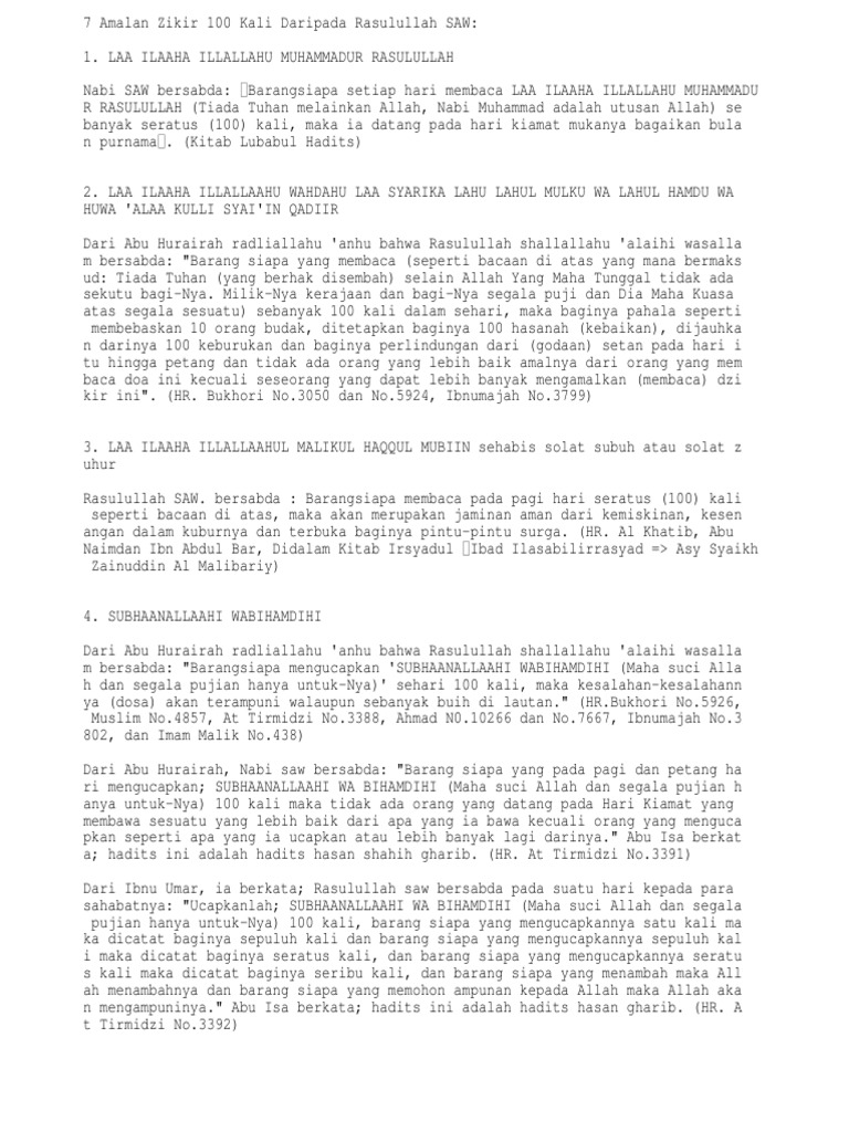 7 Amalan Zikir 100 Kali Daripada Rasulullah Saw Pdf