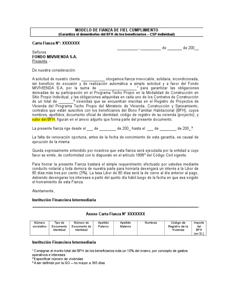 Desembolso Modelo de Carta Fianza | PDF