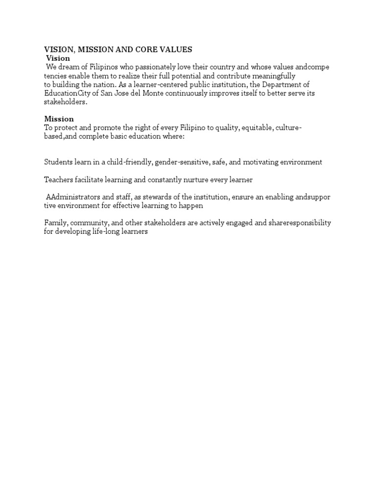 Vision, Mission and Core Values Vision | PDF