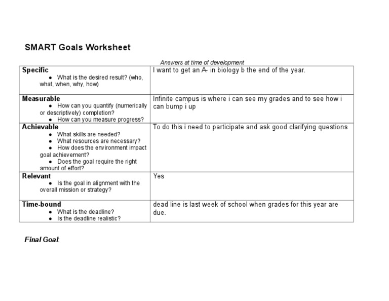 SMART Goals Worksheet for Academic Success | PDF