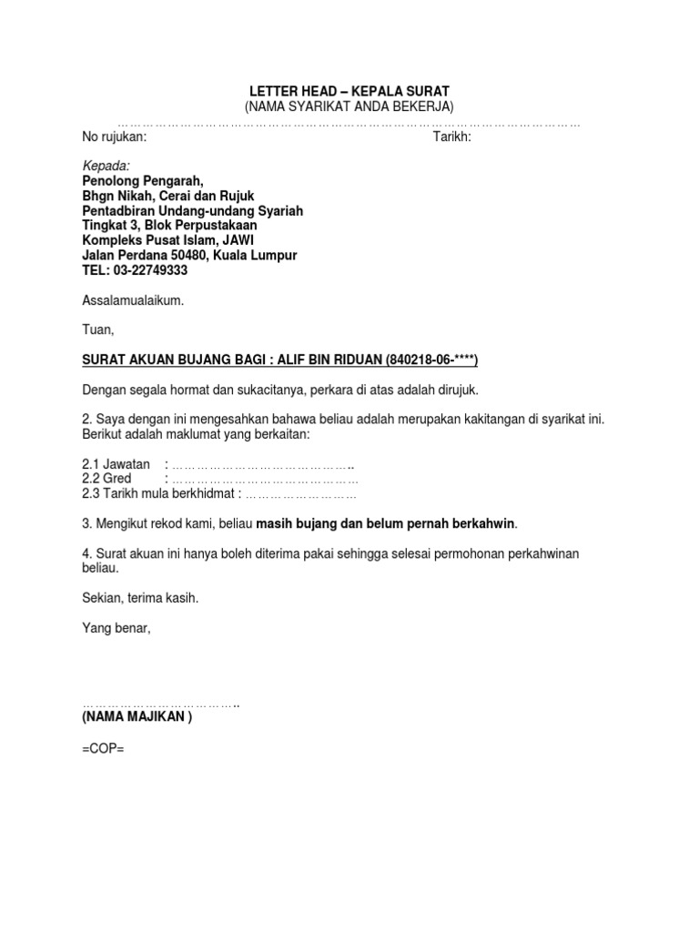 Contoh Surat Akuan Bujang