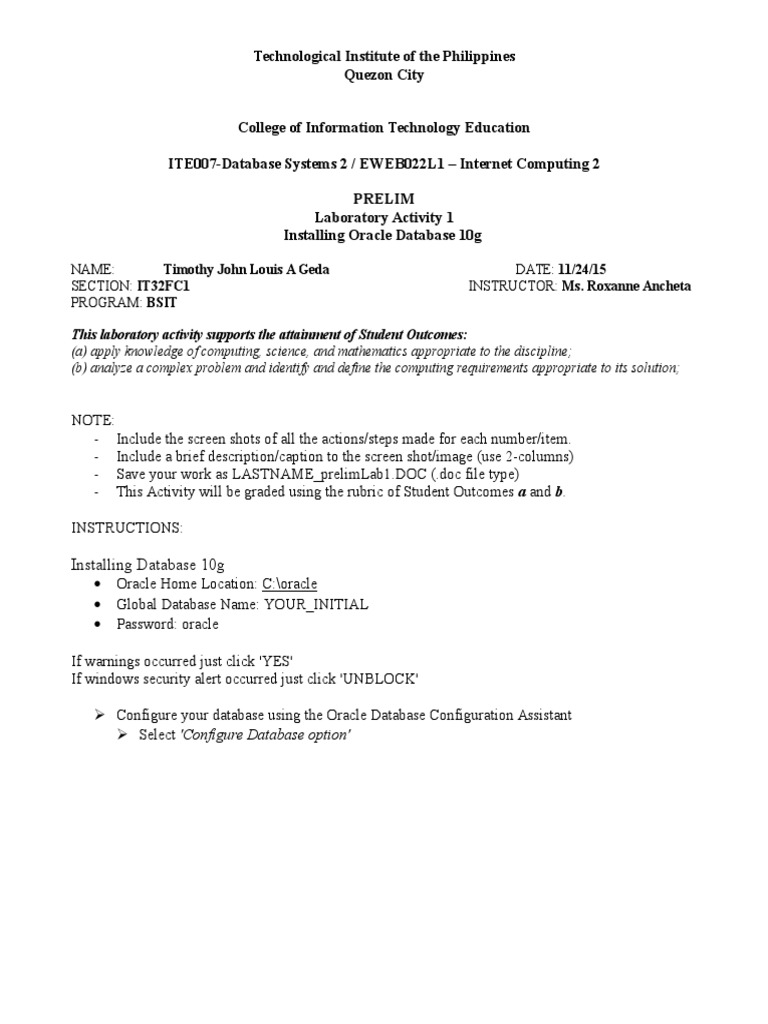 Acitivity 1 Install Oracle Database 10g | PDF