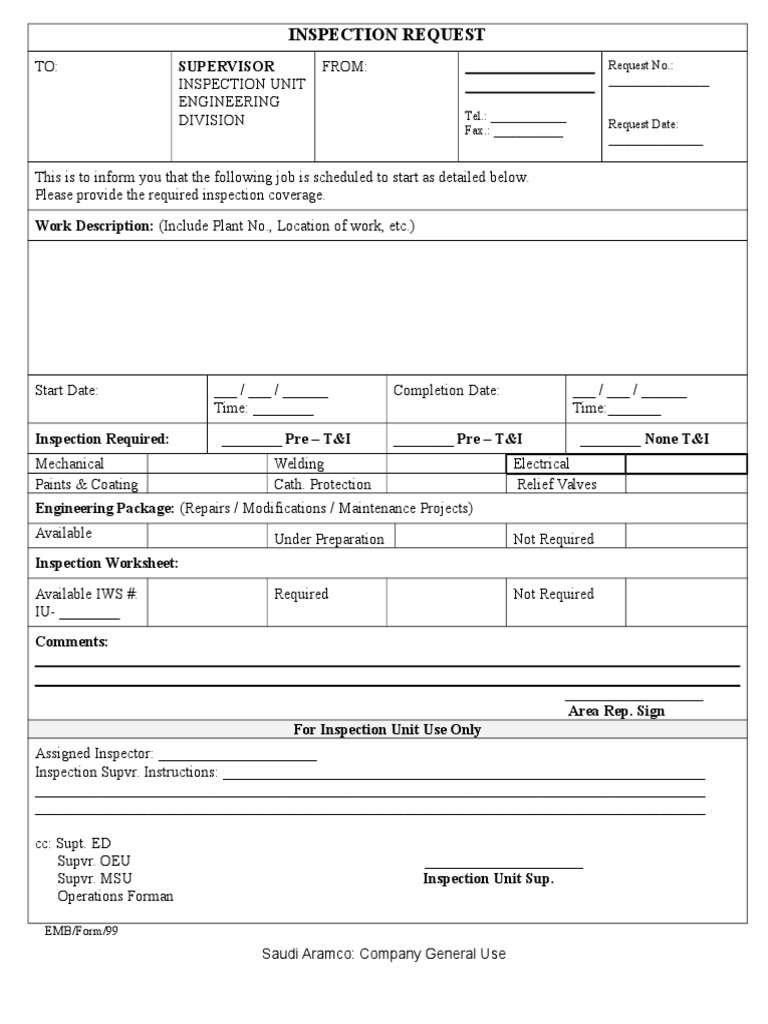 Request for Inspection (RFI) Form 1 Business Process Mechanical