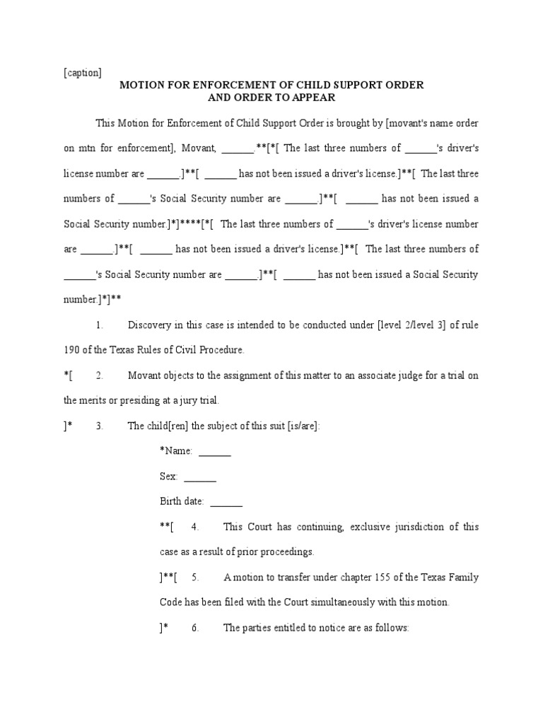Motion for Child Support Child Support Lawsuit