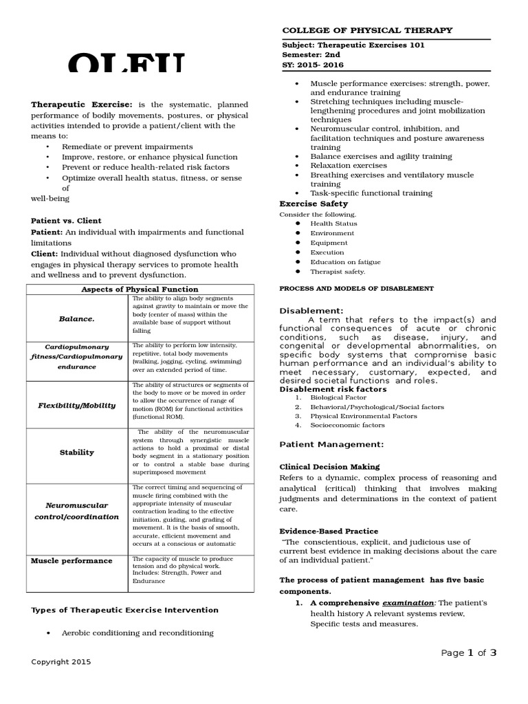 Foundation Handout For Physical Therapy Students in OLFU | PDF ...