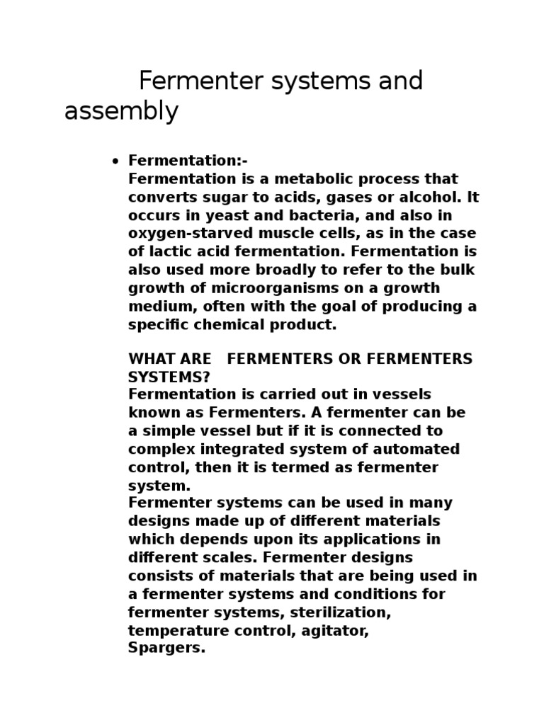 Overview of Fermenter Systems | PDF | Fermentation | Sterilization ...