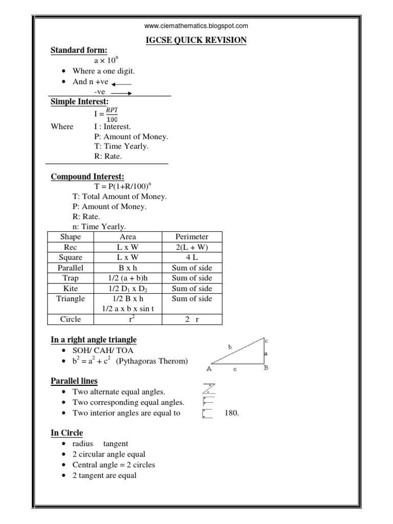 Maths IGCSE Quick Revision | PDF | Circle | Trigonometric Functions