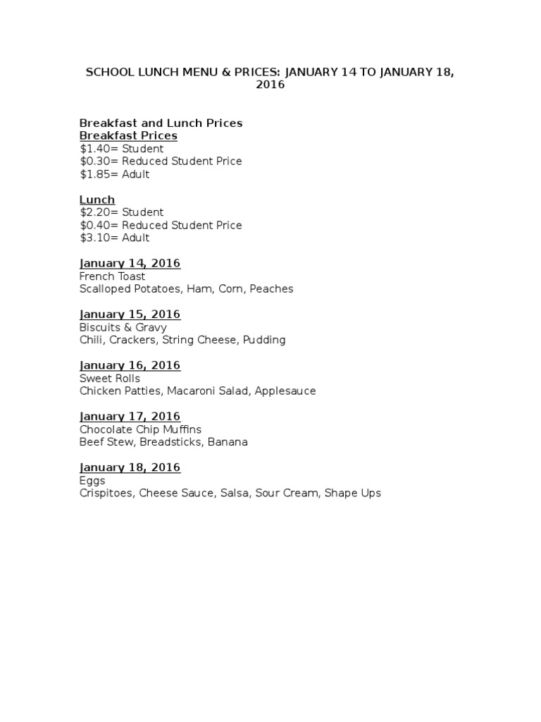 School Lunch Menu | PDF