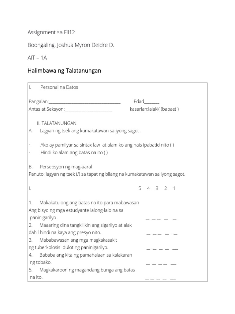 Halimbawa NG Talatanungan | PDF