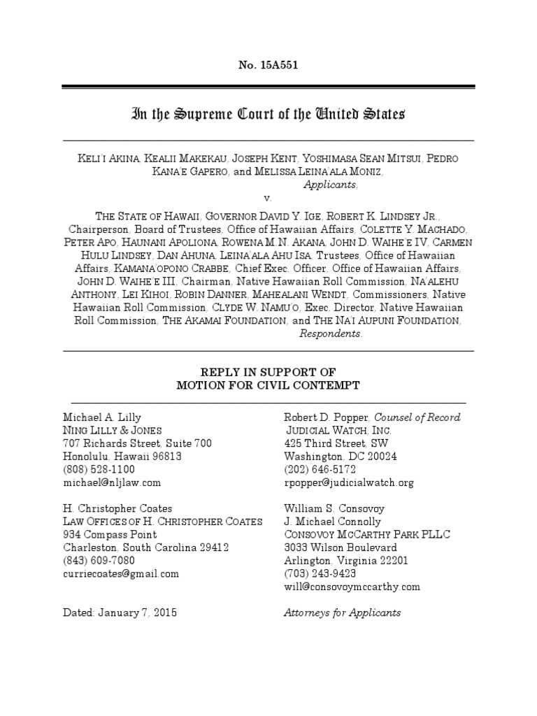 Reply in Support of Motion for Civil Contempt, Akina v. Hawaii, No. 15A551 (Jan. 6, 2016