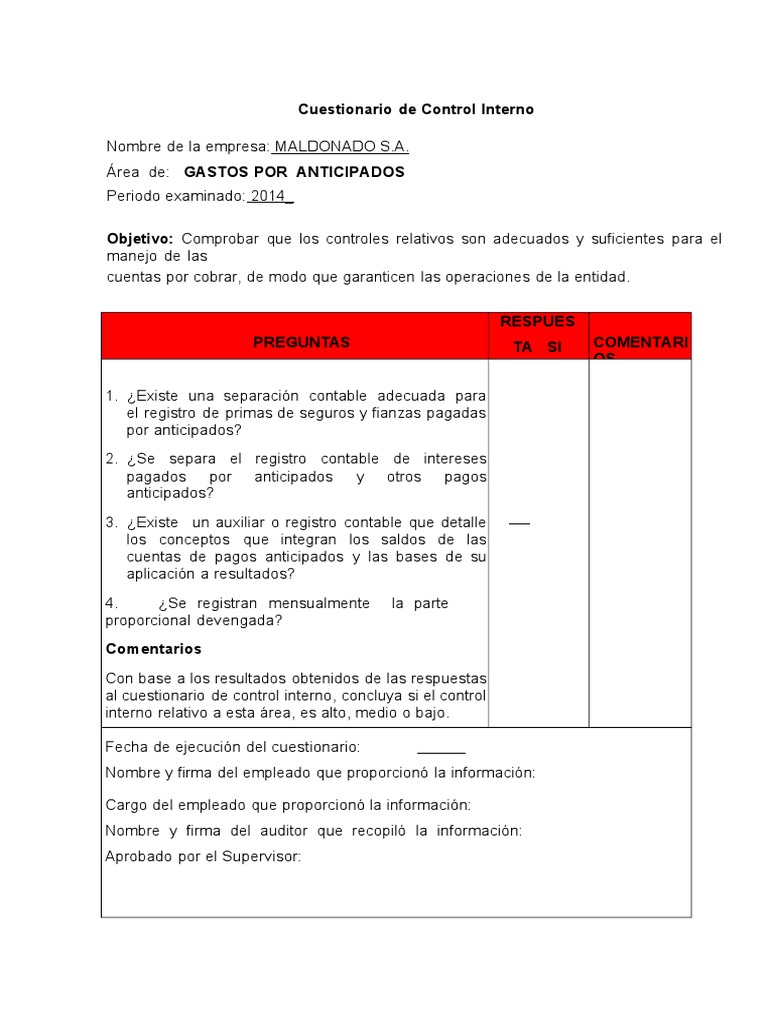Cuestionario de Control Interno | PDF | Contralor | Contabilidad