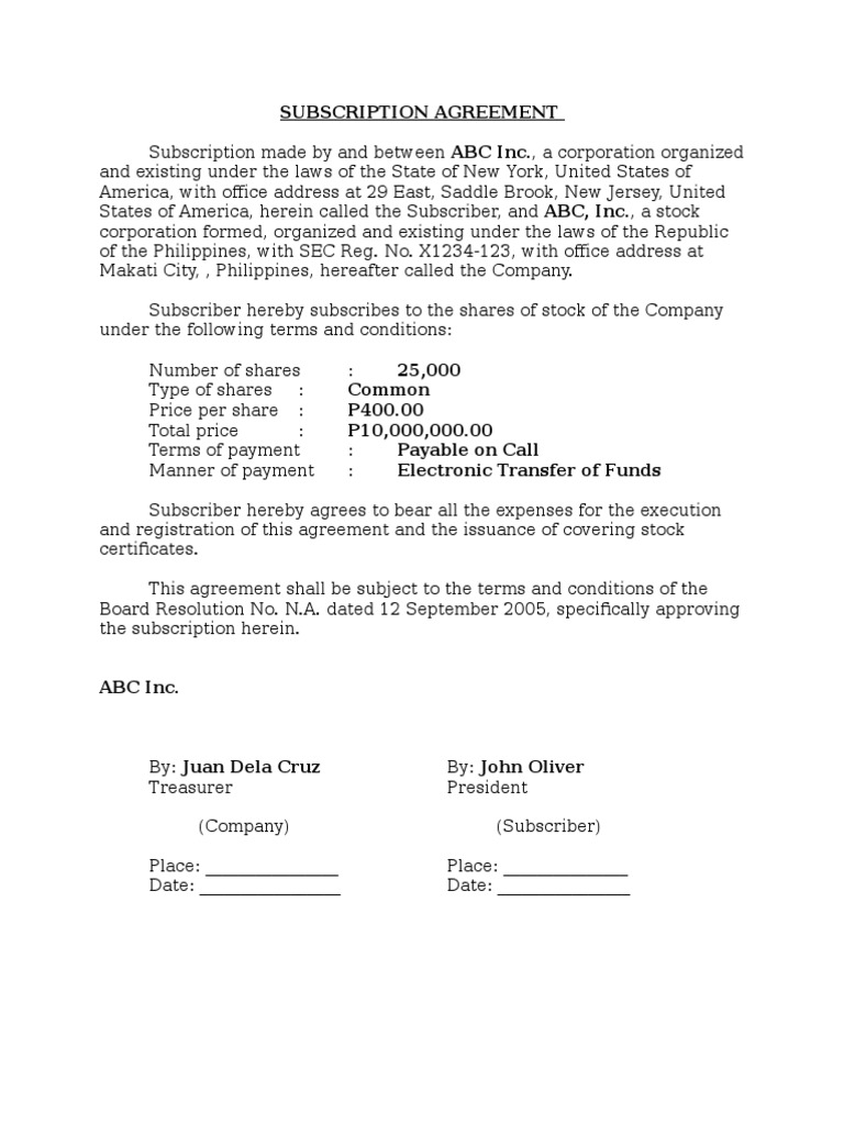 Subscription Agreement Sample
