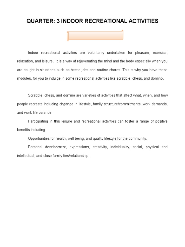 Indoor Recreational Activities: Scrabble Guide | PDF | Chess | Learning