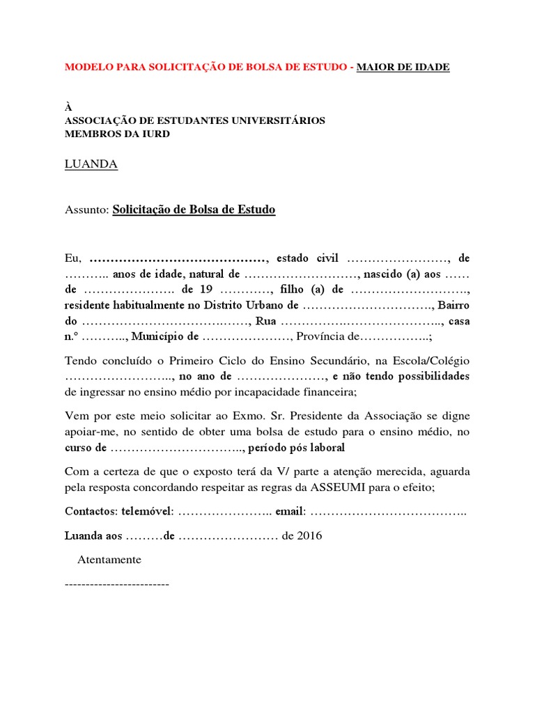 Carta Modelo - Solicitação de Bolsa de Estudo - Menor de Idade