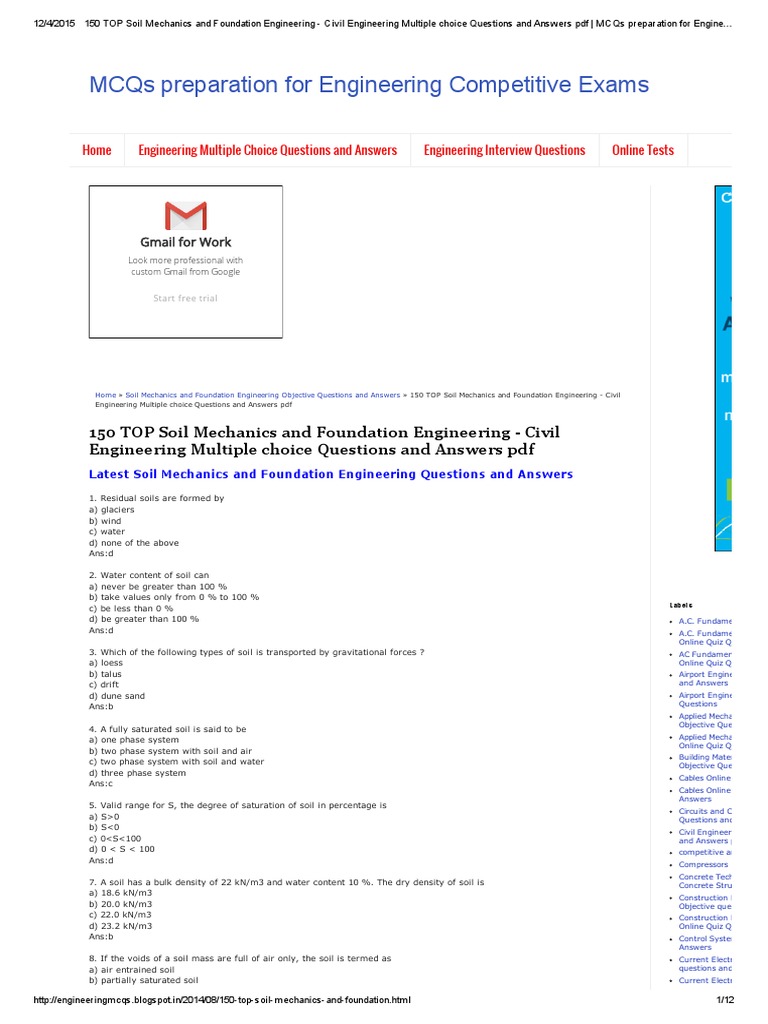 150 Top Soil Mechanics And Foundation Engineering Civil Engineering Multiple Choice Questions And Answers Pdf Mcqs Preparation For Engineering Petitive Exams Pdf Soil Mechanics Porosity