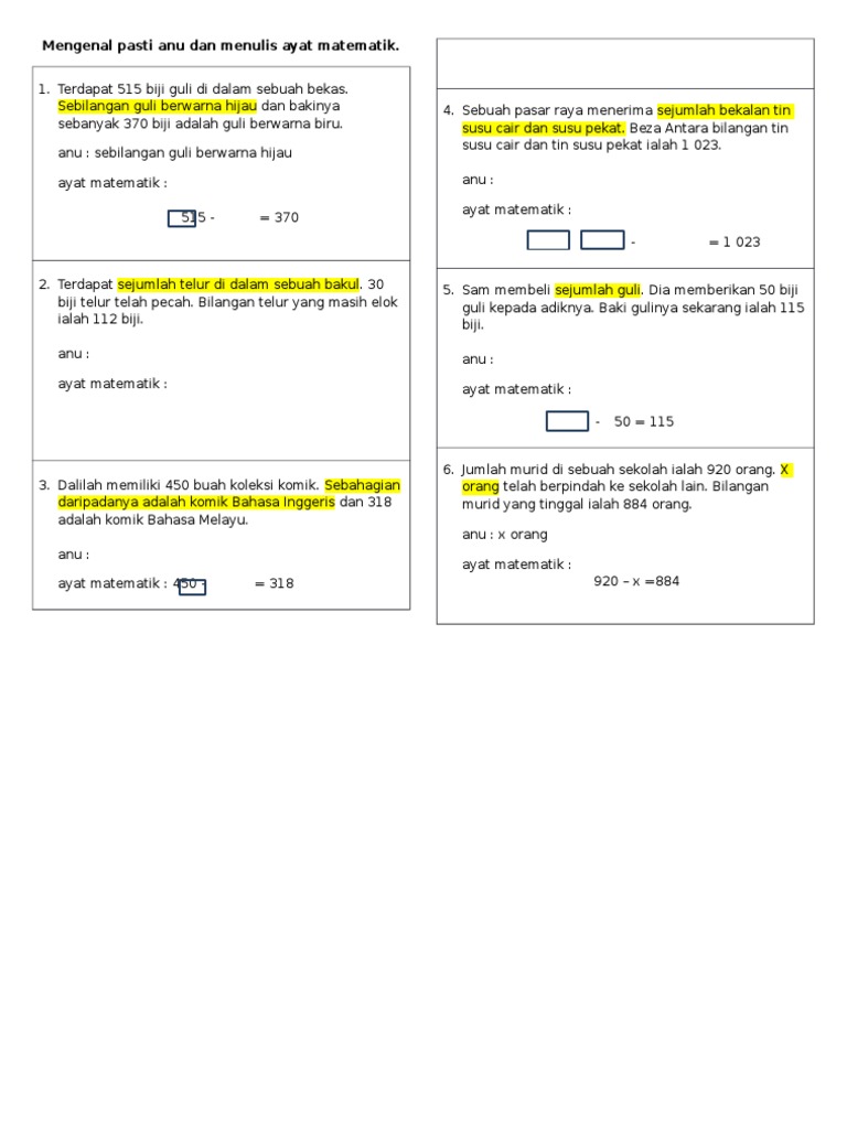 TOLAK  Mengenal Pasti Anu Dan Menulis Ayat Matematik (Ada Jaw)  PDF
