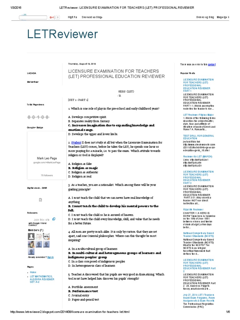 LET Reviewer 2025: Exam Prep Guide | PDF | Test (Assessment) | Teachers