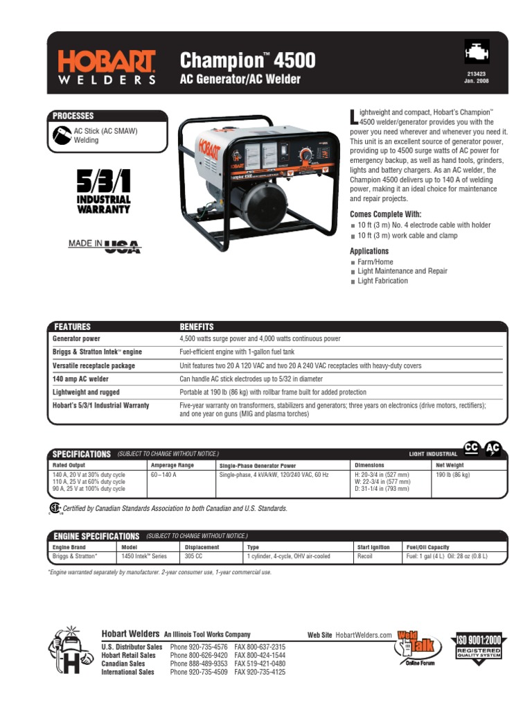 Spec Sheet Champion 4500 PDF Welding Construction