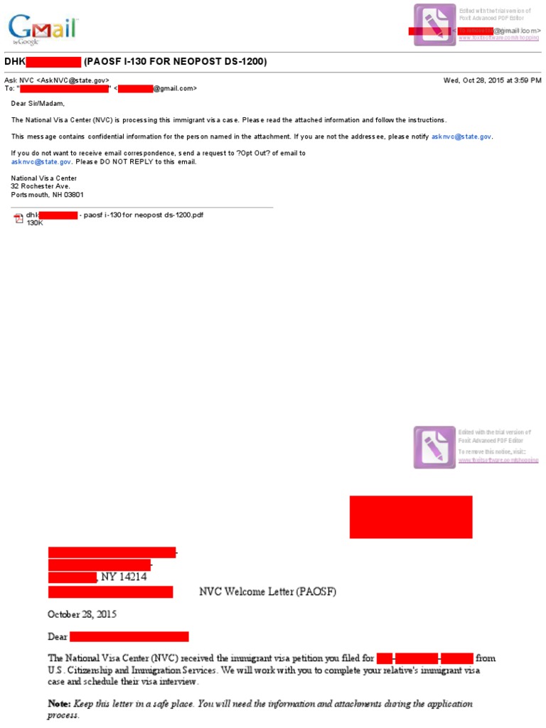 Received "NVC Letter" in Email PDF Government Social Institutions