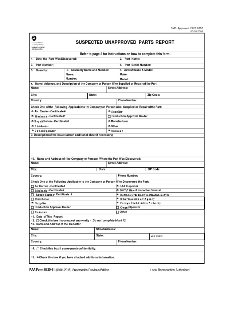 Faa Form 8120-11 Rev Clean 2015 Suspected Unapproved Parts Report ...