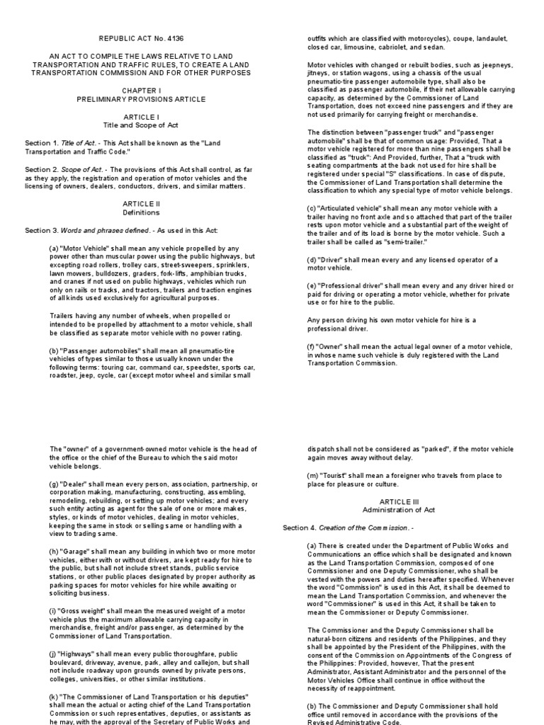 RA 4136 Transportation Code.docx Vehicle Registration Plate Truck