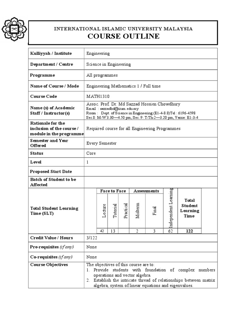 Engineering Mathematics 1 Course Outline | PDF | Matrix (Mathematics ...