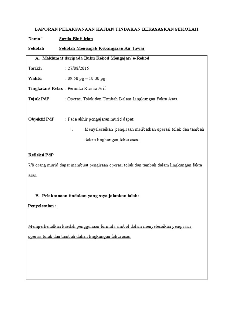 Laporan Pelaksanaan Kajian Tindakan Berasaskan Sekolah Pdf