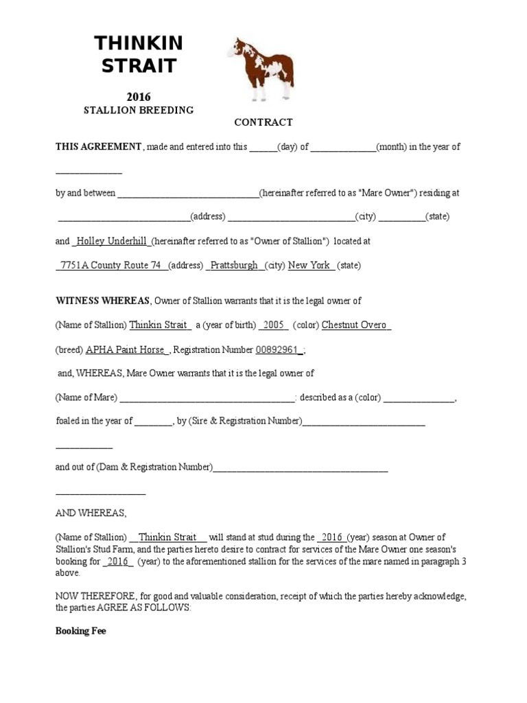 2016 Stallion Breeding Contract for Thinkin Strait | PDF | Horse ...