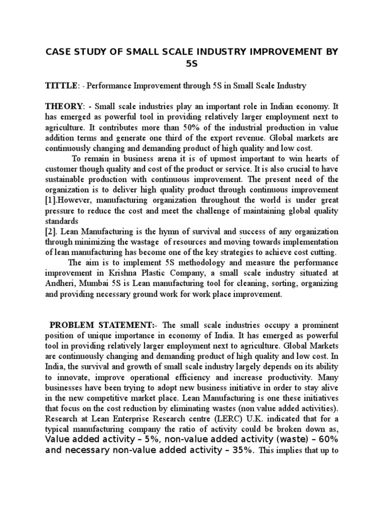 Case Study of Small Scale Industry Improvement by 5s PDF Lean Manufacturing Industries