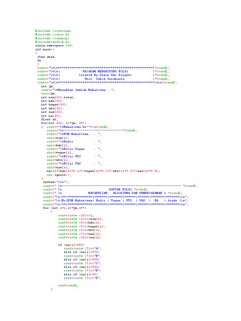 Program Hitung Nilai Mahasiswa C++ | PDF