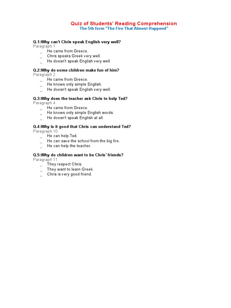 Quiz Of Students Reading Comprehension 5th Form