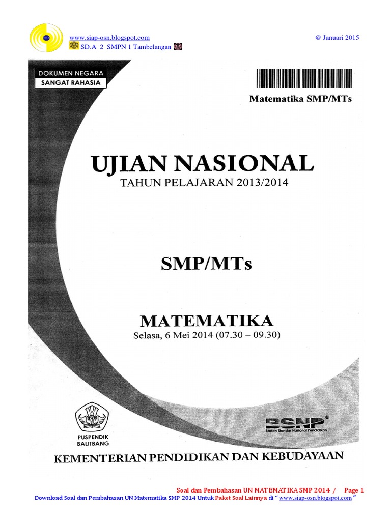 Soal Dan Pembahasan Un Matematika Smp 2014 Paket 2