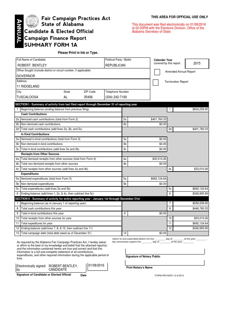 Bentley FCPA Summary 1A 2015 Political Action Committee Robert J