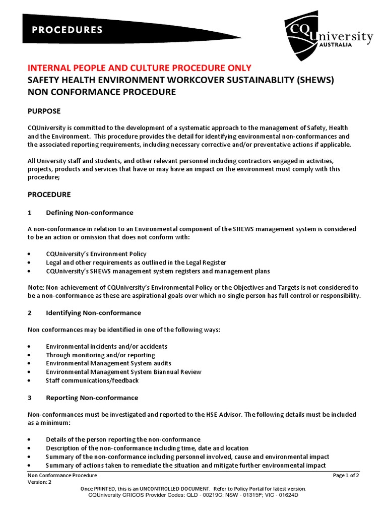 Non-Conformance Management Procedure | PDF | Environmental Policy ...