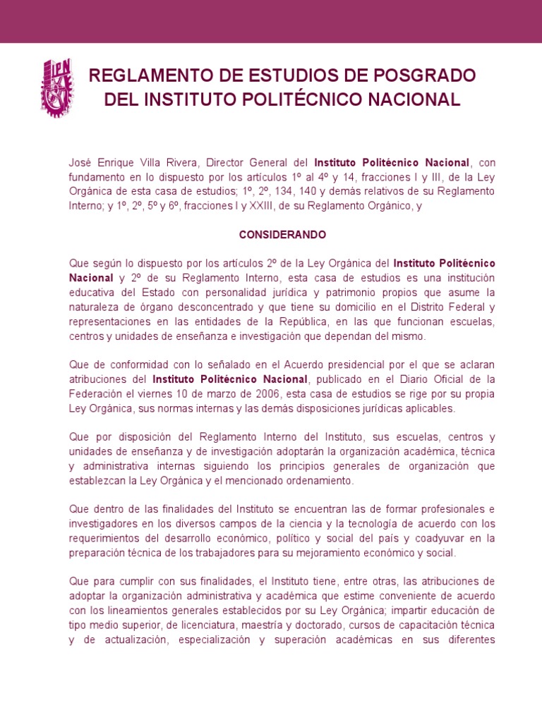 Reglamento de Estudios de Posgrado IPN. | PDF | Titulo academico