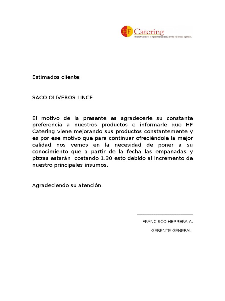 Carta de Aumento de Precios