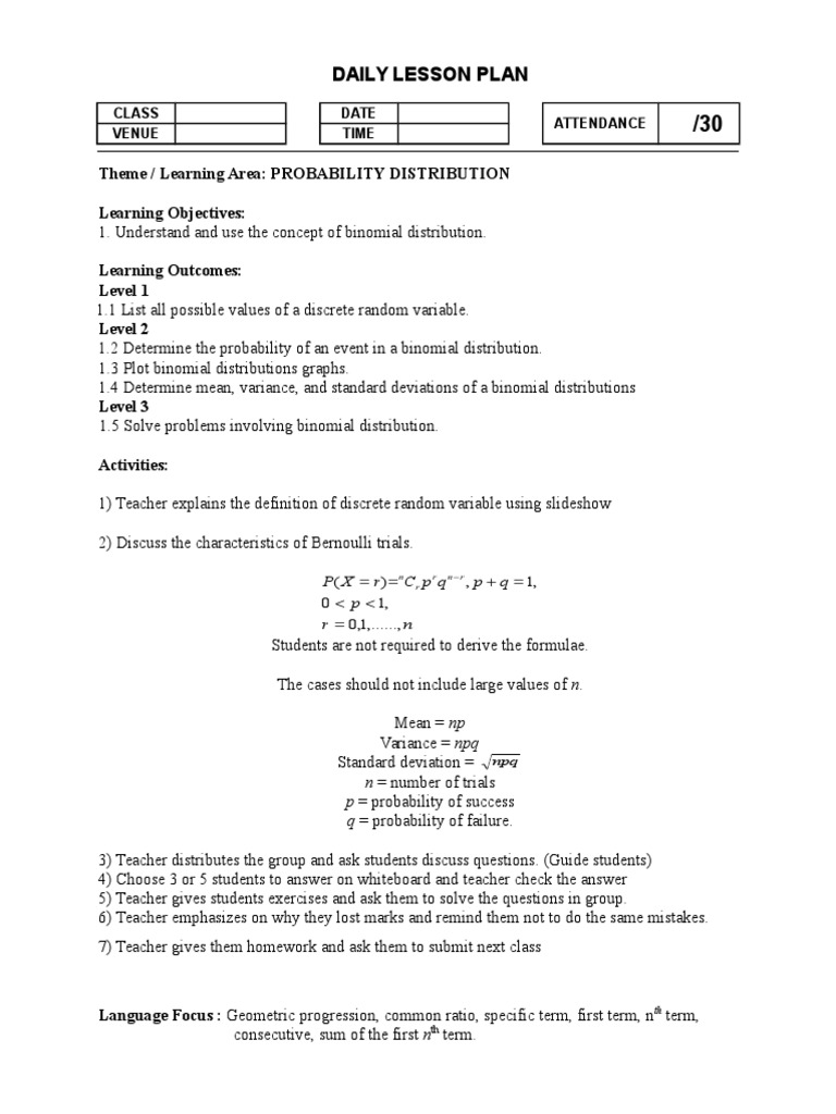 Daily Lesson Plan: Theme / Learning Area: PROBABILITY DISTRIBUTION ...